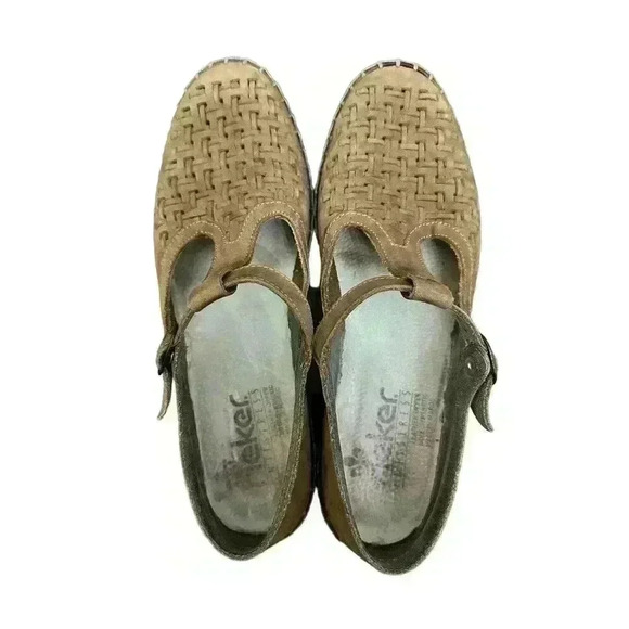 Rieker Womens 8.5 Basket Weave Mary Janes Taupe Leather Comfort - Picture 1 of 7